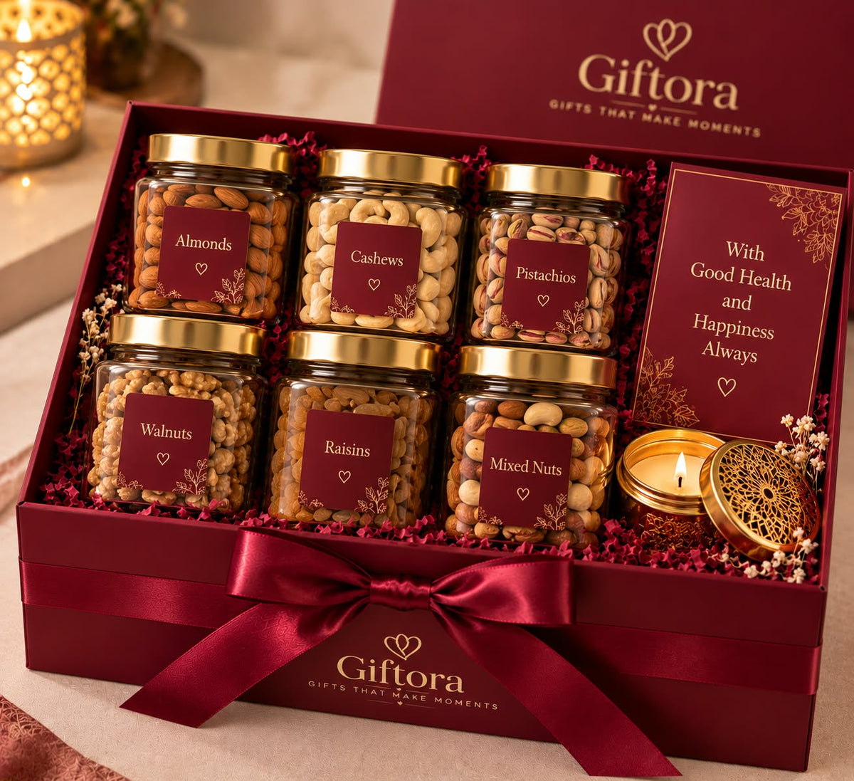 Giftora maroon dry fruit gift box for corporate gifting