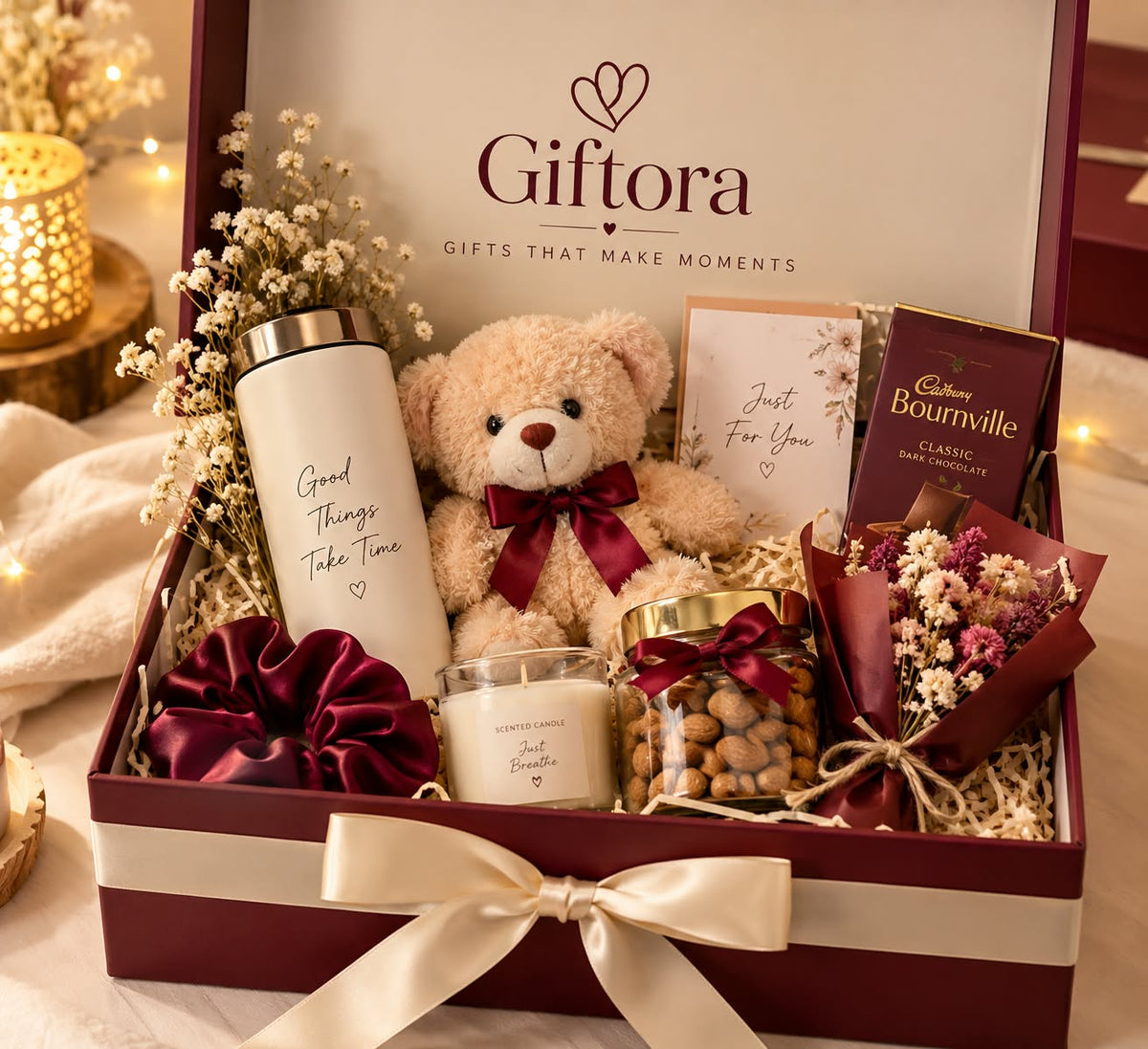 Giftora personalized gift basket with keepsakes and greeting card