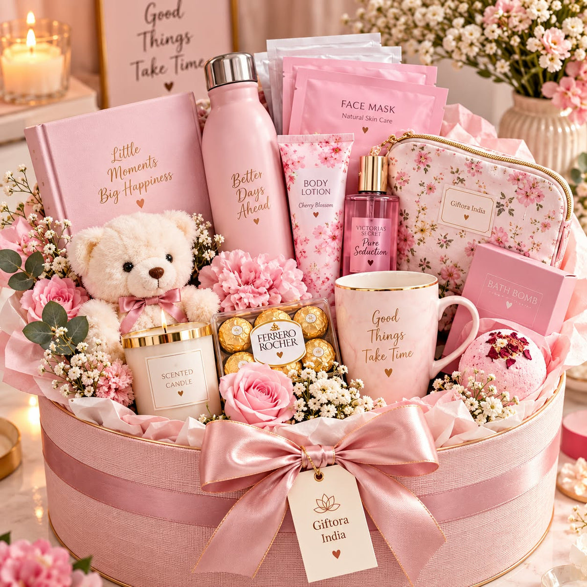 Giftora Blush Self-Care & Teddy Hamper product photo