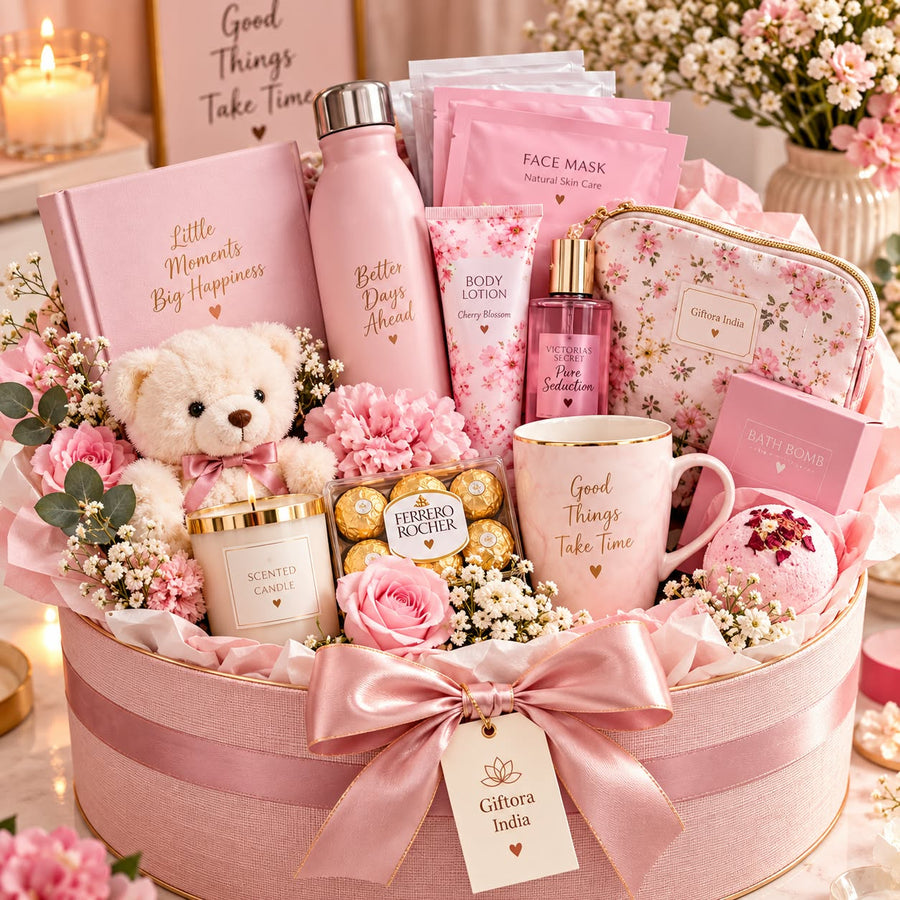 Giftora Blush Self-Care & Teddy Hamper product photo