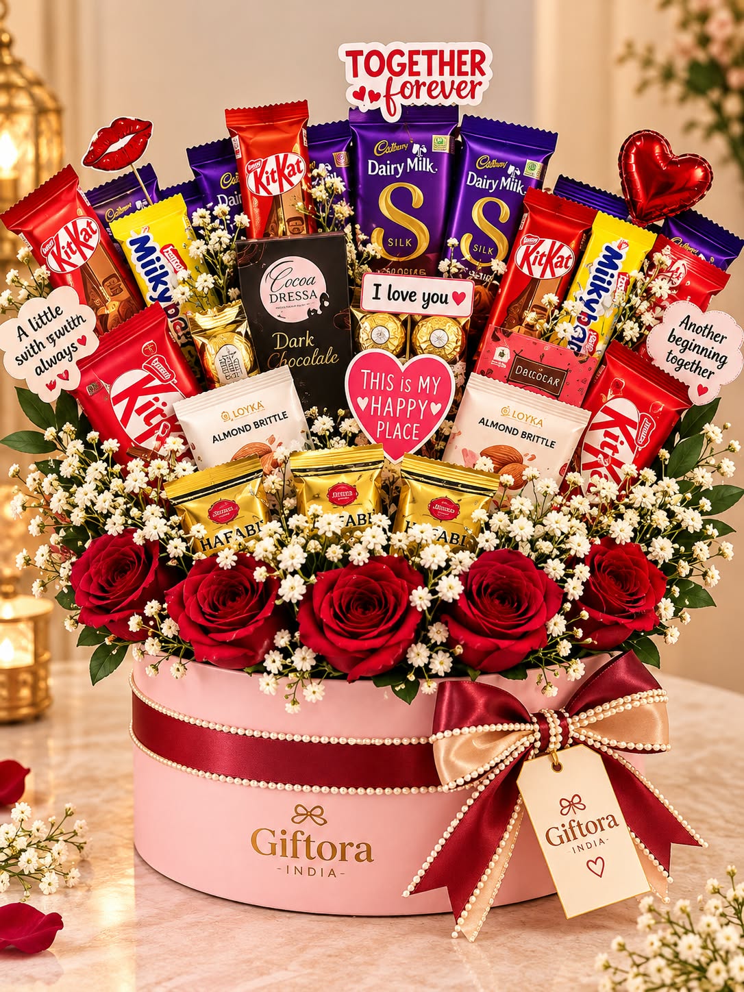 Assorted chocolates and red roses arranged in a pink Giftora India gift box