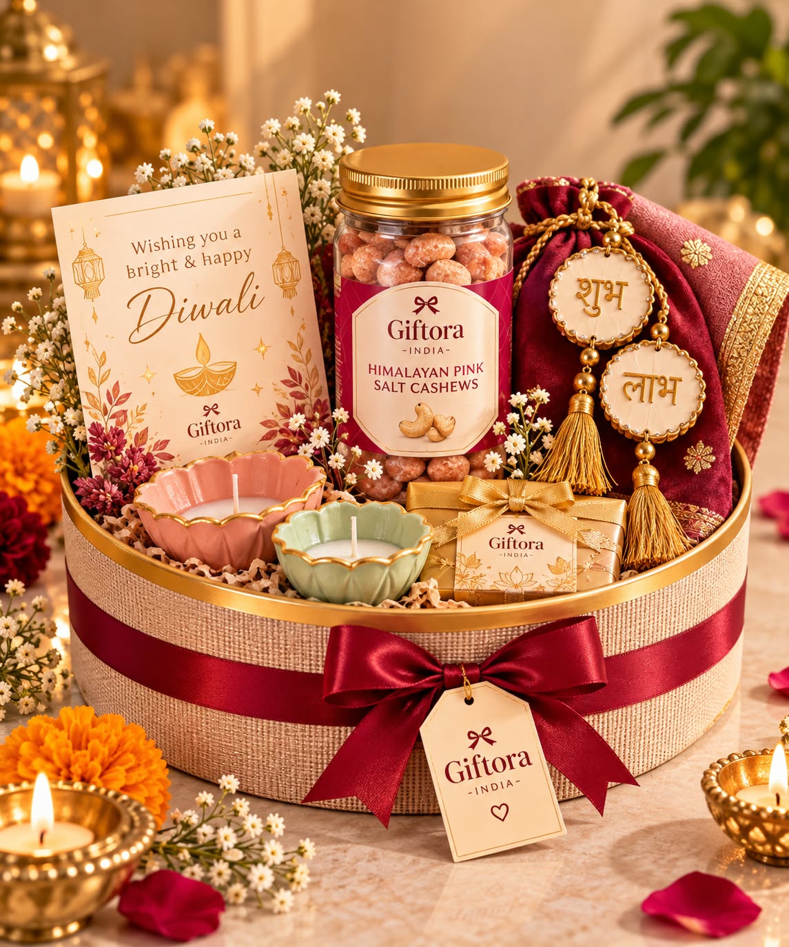 Festive Diwali gift basket with cashews, greeting card, diya and decorative keepsakes