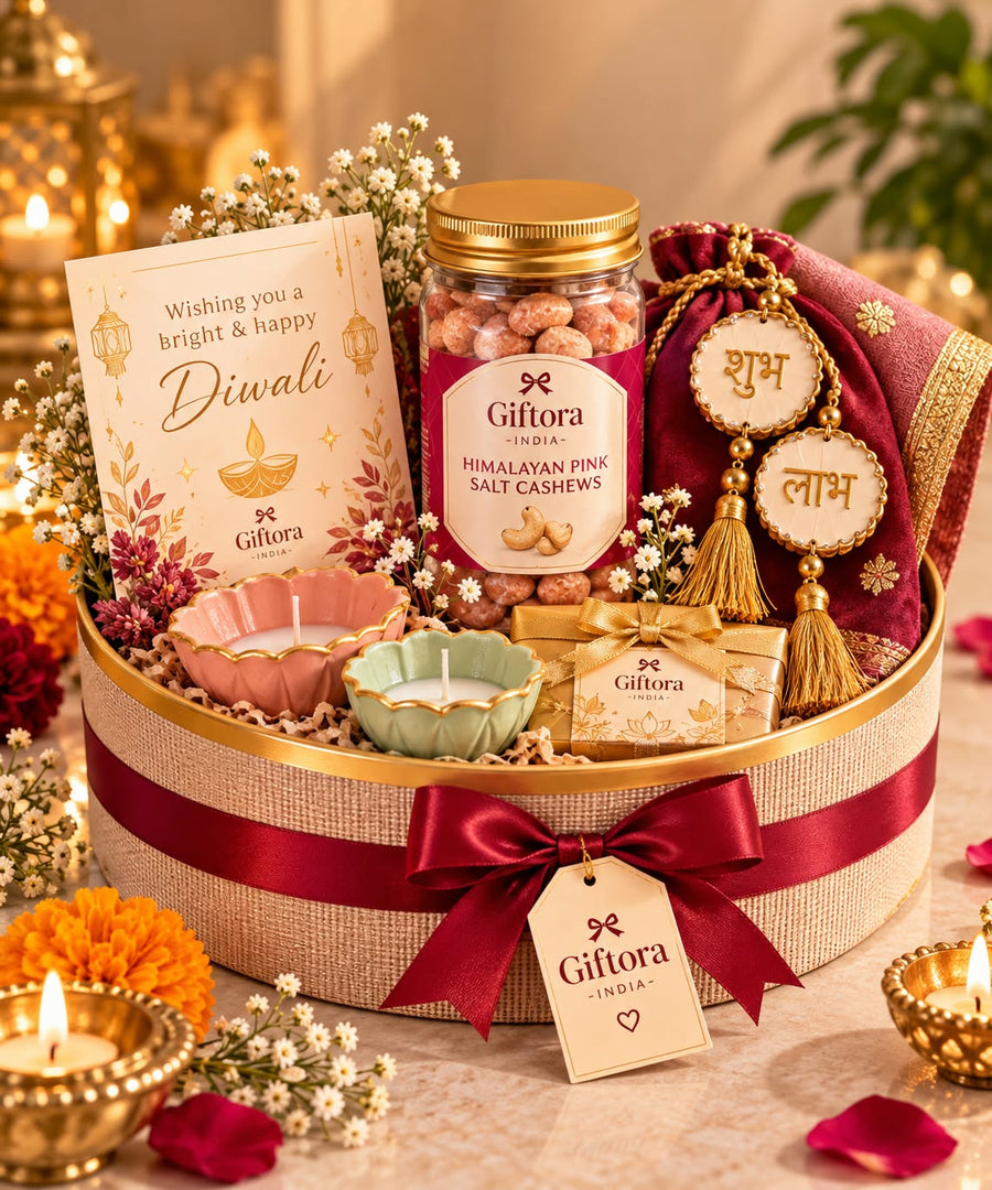 Festive Diwali gift basket with cashews, greeting card, diya and decorative keepsakes