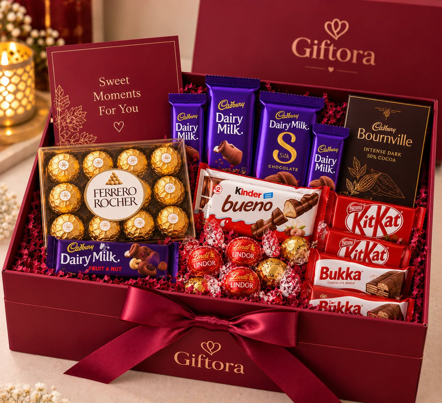 Maroon assorted chocolate hamper with Ferrero Rocher, Cadbury, Lindt and KitKat