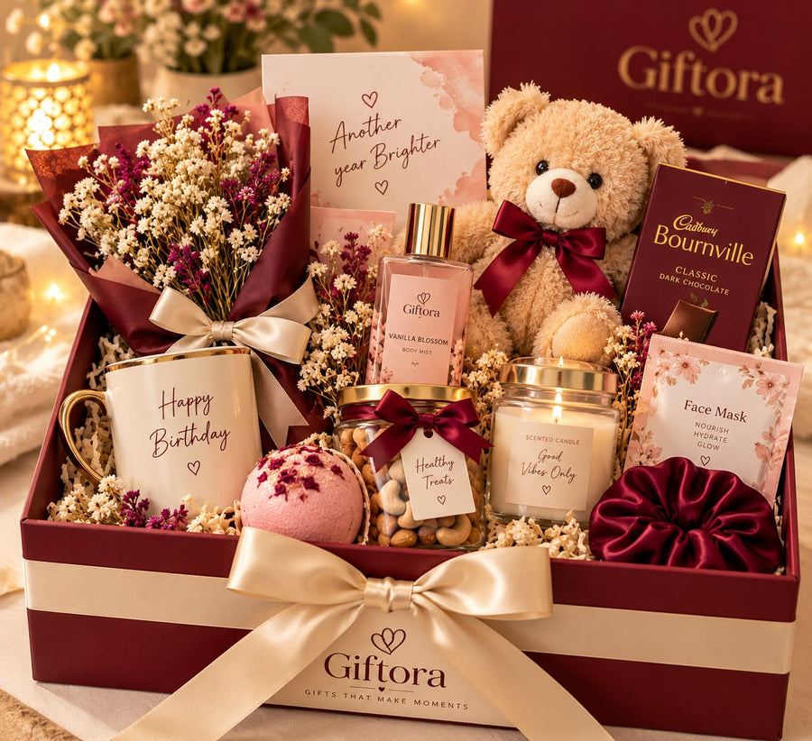 Birthday gift hamper with teddy bear, flowers, candle, body mist and keepsakes