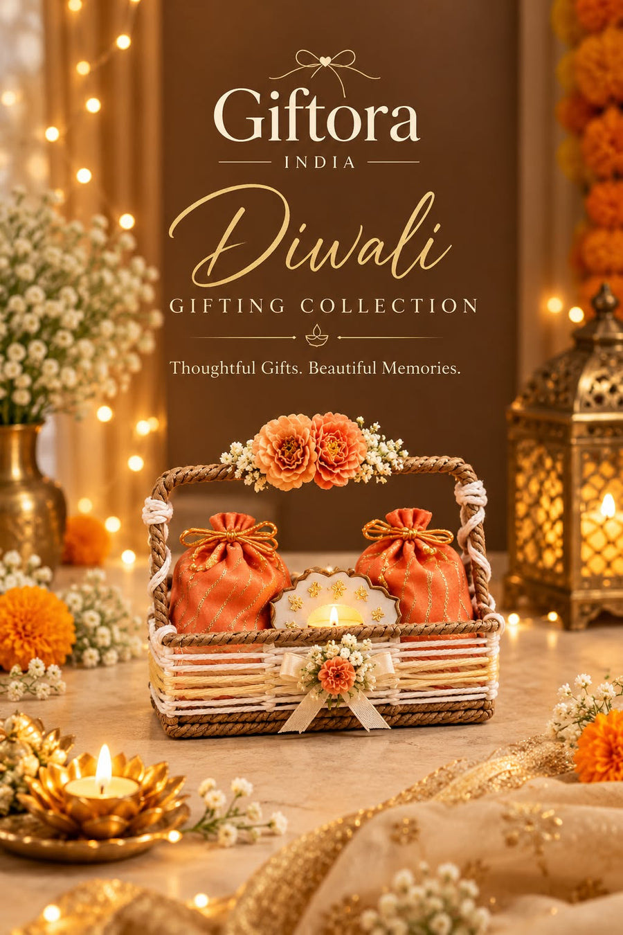 Diwali gift basket with festive decor, diyas and traditional keepsakes